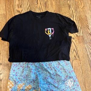 Men's Black Graphic Tee and Blue Print Shorts Set